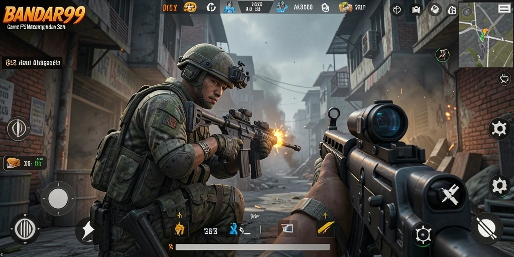 Tampilan aksi mendebarkan dalam permainan FPS BANDAR99.
