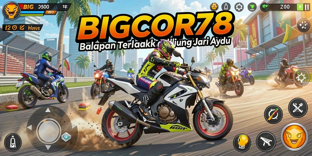 Screenshot utama BIGCOR78 menampilkan aksi balapan motor yang mendebarkan.