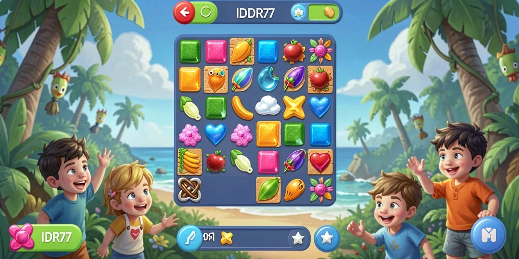 Screenshot gameplay IDR77 menunjukkan kombinasi item warna-warni yang memukau.